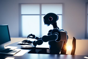 PROMPT: "cinematic photograph, rear view, the back of a seated humanoid robot wearing a business suit, typing on a laptop, sitting at a desk in casual office setting, lens flares, movie still aesthetic" (Generated with mage.space)