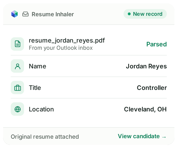 Example of Resume Inhaler parsing a resume into a new PCRM candidate record
