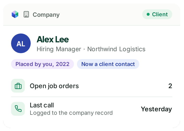 Example PCRM contact record tagged as a former placement who is now a client contact