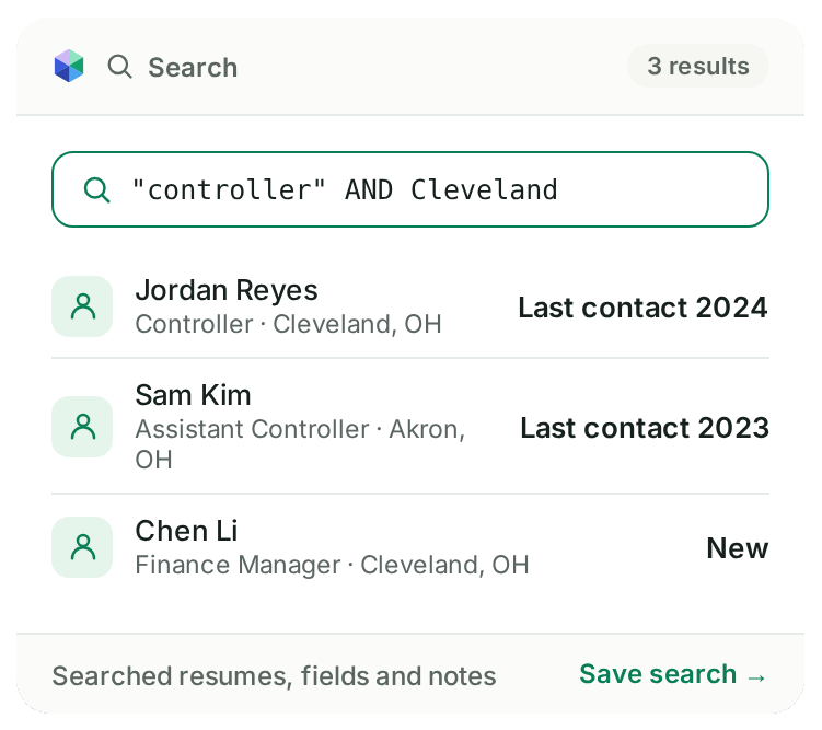 Example PCRM Boolean search returning three candidates