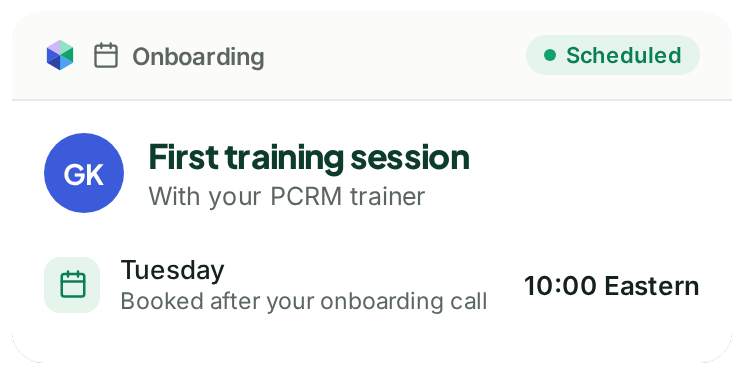 Example of a first PCRM training session booked after the onboarding call